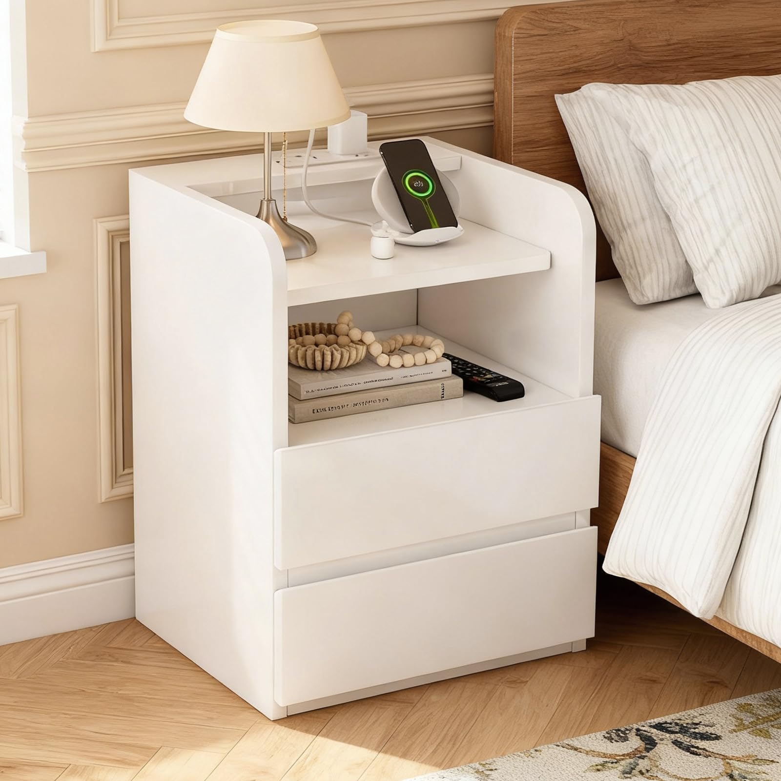 FEONASE Bedside Table with Charging Station, 2 Drawer & Open Shelf Modern Nightstand, AC Outlets & USB Ports,Cabinet for Bedroom & Living Room White