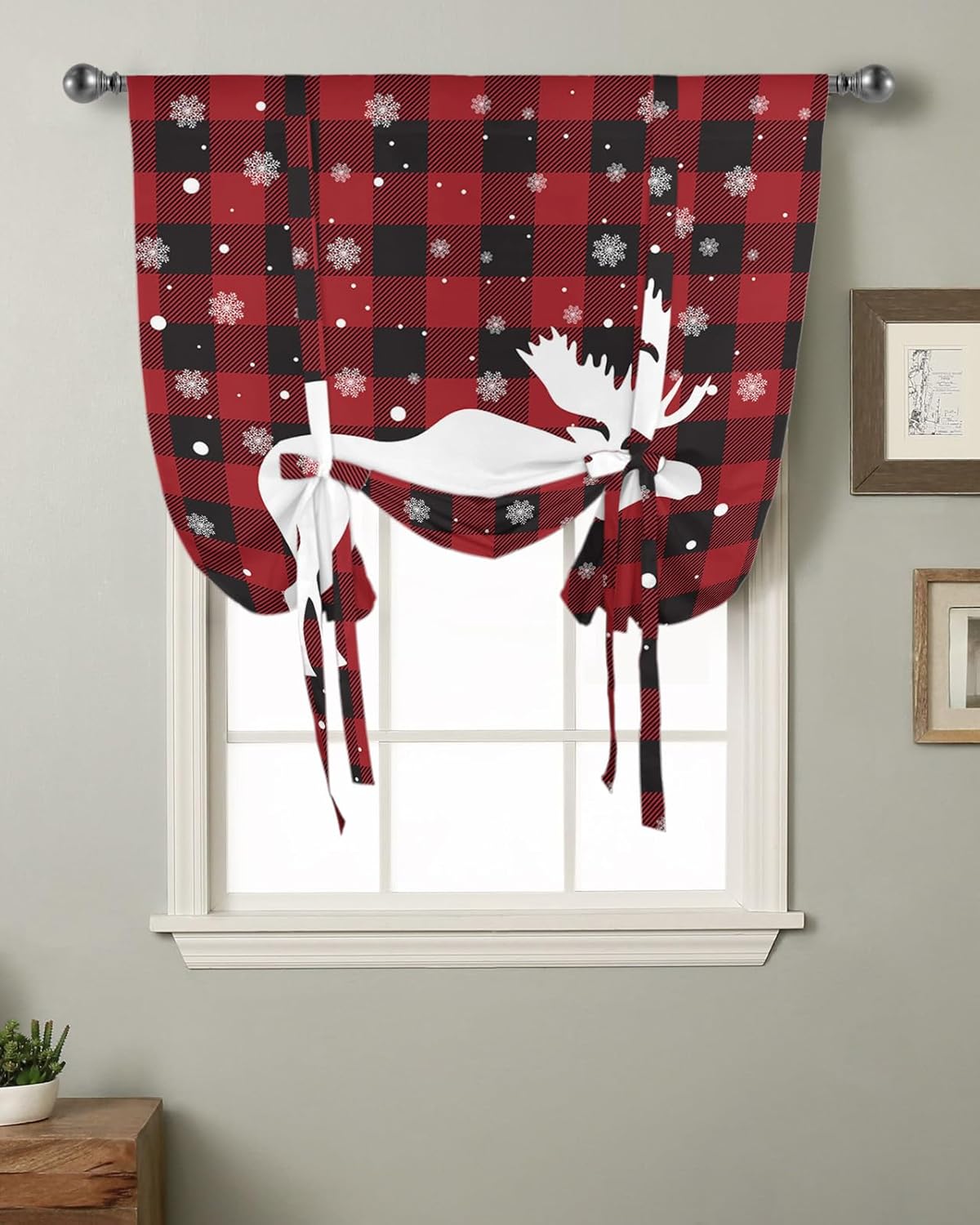 YOKOU Bow Look Tie Up Balloon Curtain, Christmas Elk Snowflake Red Black Buffalo Adjustable Rod Pocket Window Shades Drape for Living Room, Bedroom，Kitchen 1 pcs 52 x63 inch