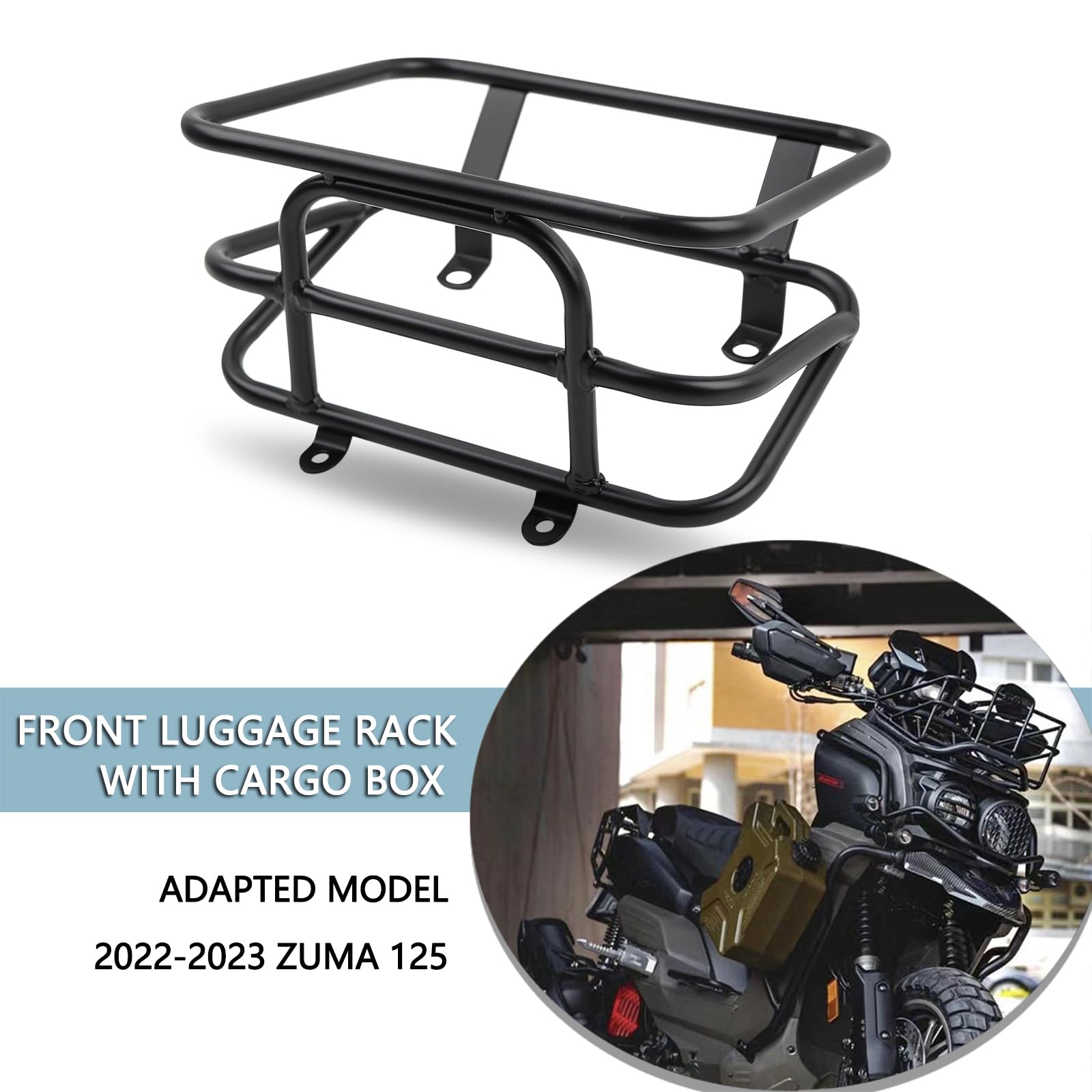 Mokuo Motorcycle Front Luggage Rack with Cargo Box in Heavy Iron