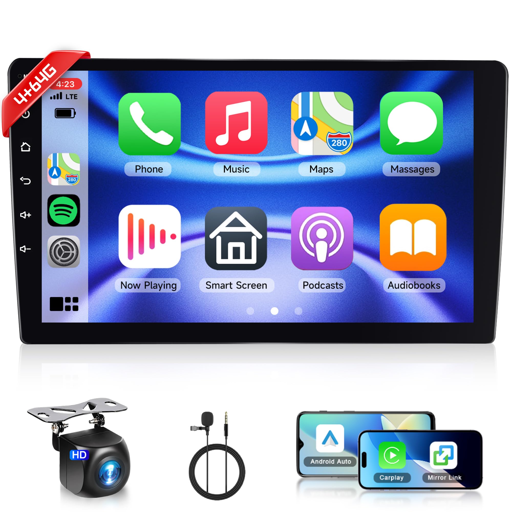 Rimoody 4+64G Wireless Carplay Android 13 Radio de Coche 2 DIN, 9 Pulgadas HD Radio Coche con Android Auto Navegación GPS Mirror Link Bluetooth WiFi/FM/RDS/EQ/USB Control del Volante Cámara Trasera