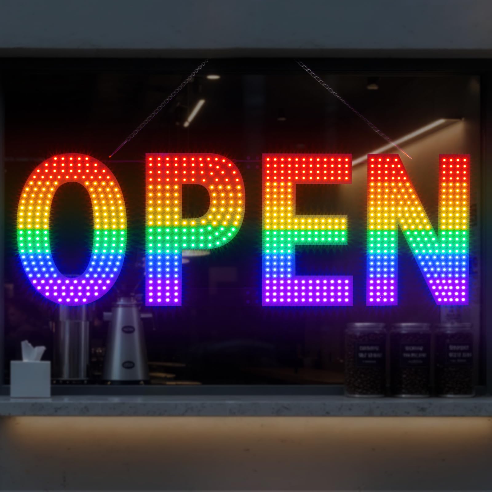 LED Open Signs for Business Large Ultra Bright, Thirdpolite Neon Open Sign 3 Light Modes, Speed Control, Dimmable, Plug in Electric Hanging Chain, 30"x10" for Cafe, Bar, Salon, Club, Hotel (Rainbow Pride)