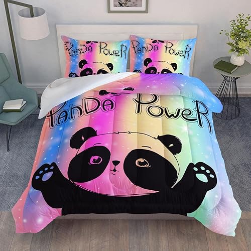 Miniatura 4 de Datura home Juego de edredón de arcoíris Kawaii lindo panda estampado con 1 y 2 fundas de almohada para dormitorio de niñas para todas las