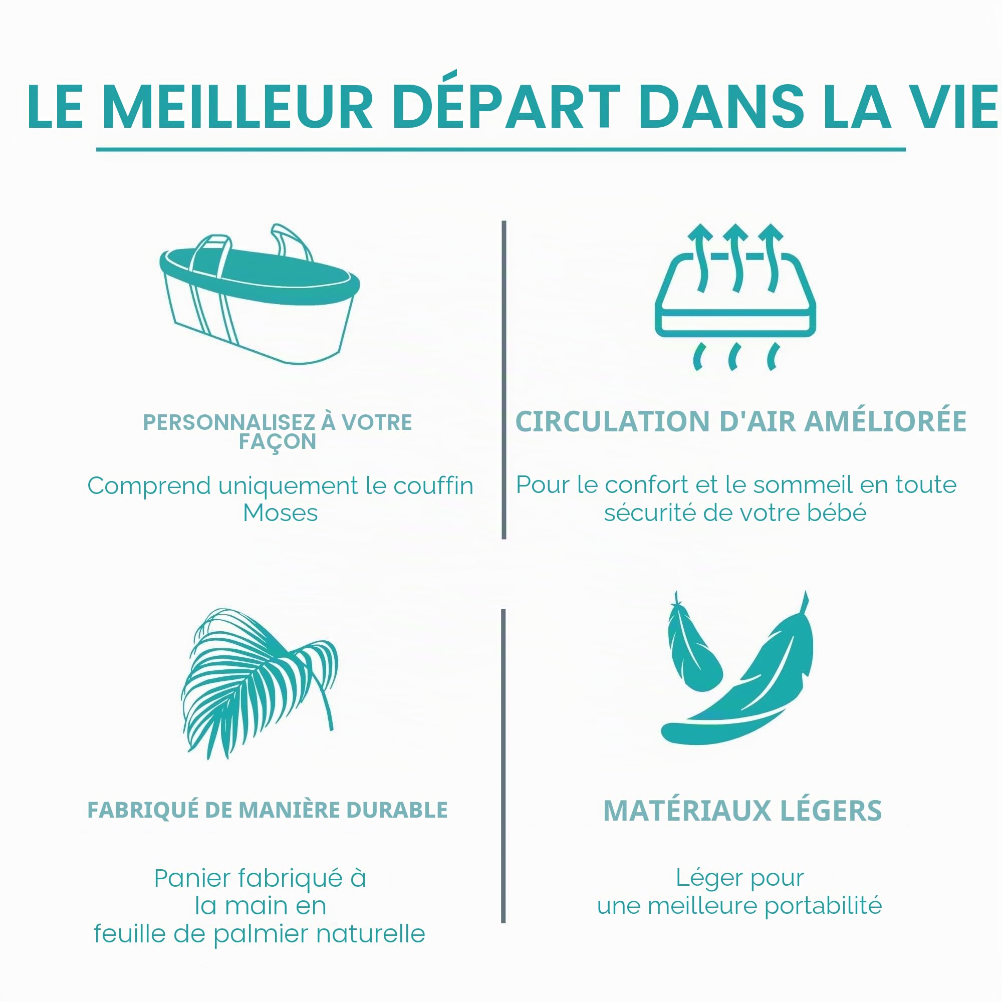 Clair de Lune Couffin en Palmier Naturel | Design tissé à la Main et Respirant | Essentiels pour Nouveau-né | Convient dès la Naissance | Tissage de Palmier Naturel 100% Bio | Berceau pour bébé de