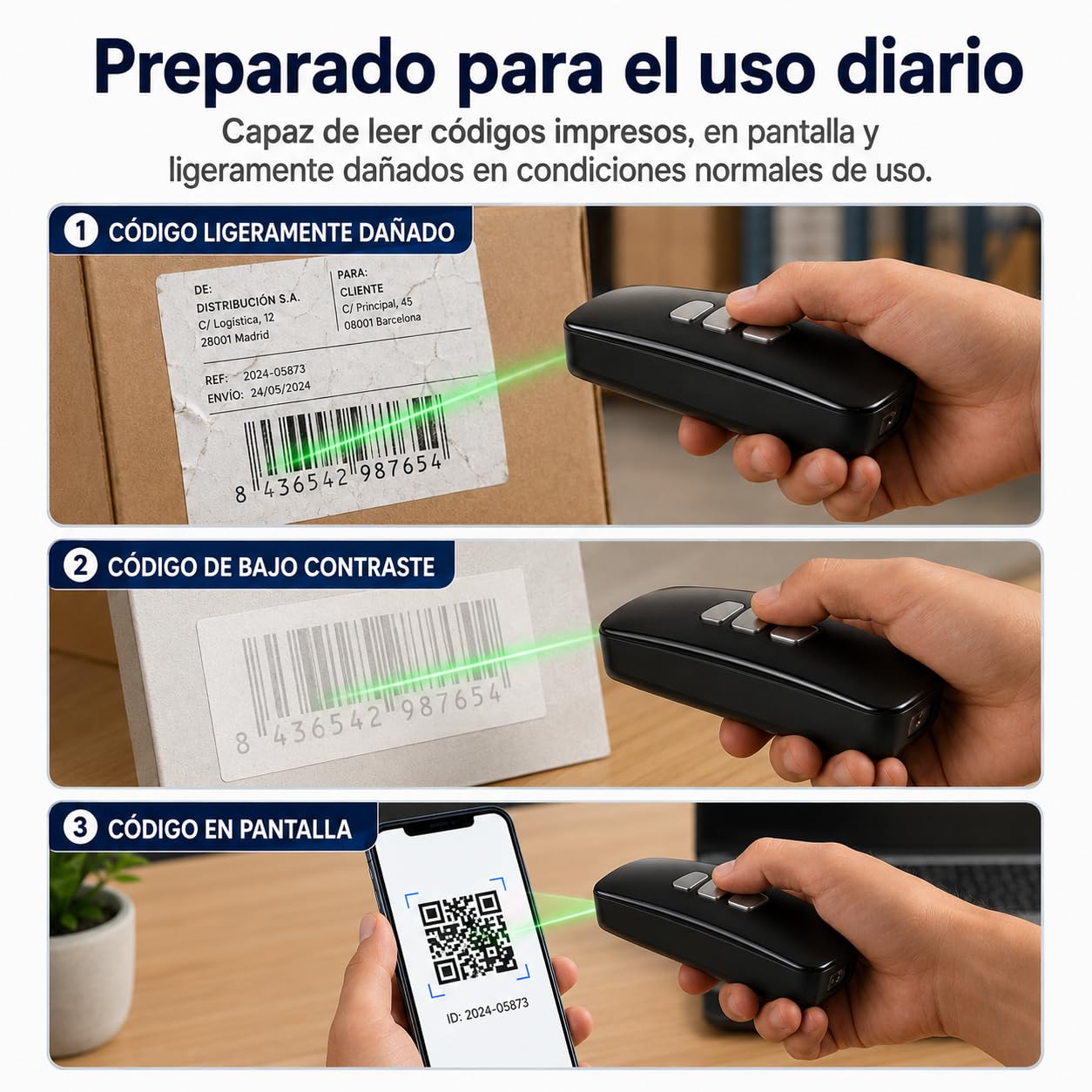 LOXS Lector codigo de Barras inalambrico 1D y Lector QR 2D para TPV y almacen – escaner codigo de Barras inalambrico Bluetooth USB 2.4GHz – Lector codigo Barras Android iOS Windows