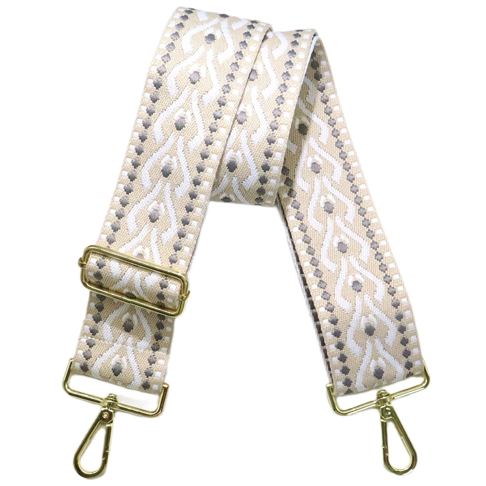 2" Wide Bohemian Purse Straps - 55" Adjustable Gold Buckle Crossbody Bag Shoulder Strap with Embroidery Ethnic Style(Beige Purse Strap)