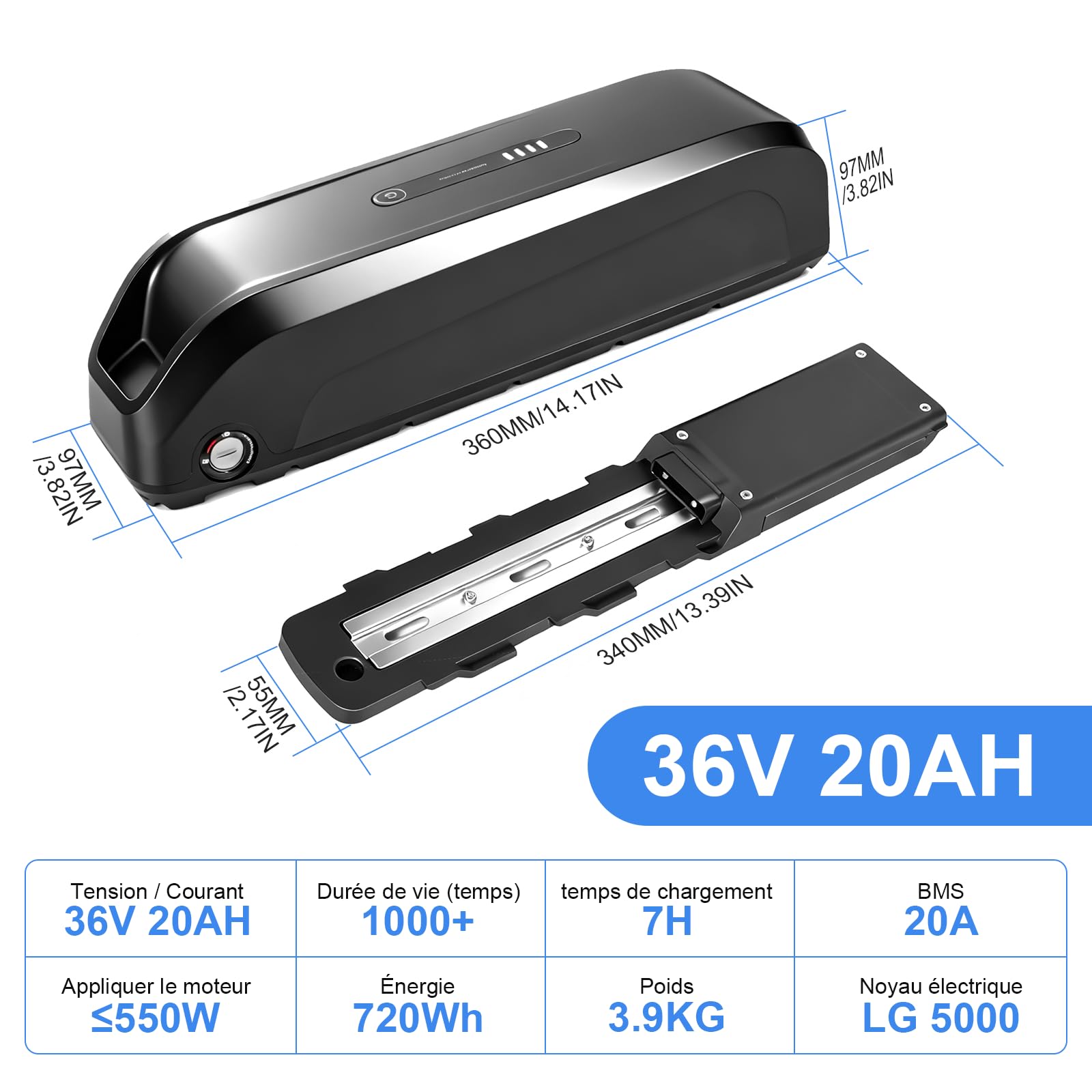 36V 20Ah Batterie Velo Electrique, Batterie vélo électrique avec BMS 20A, Batteries 36v Lithium ION pour Roue de Conversion Bafang 250W-550W et Autres vélos électriques