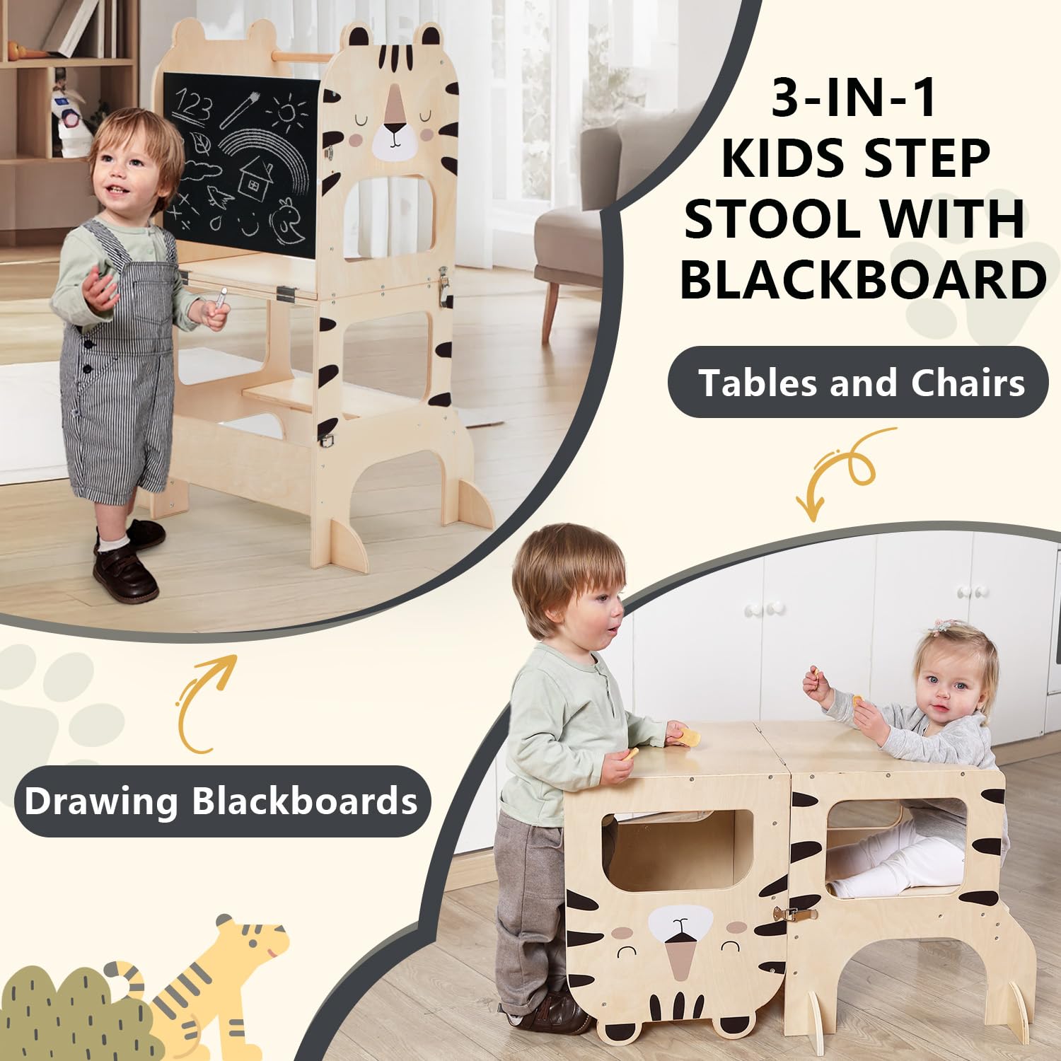 labebe torre montessoriana bambini,multifunzionale torre montessoriana pieghevole in legno, 3 in 1 Torre di apprendimento per bambini trasformabile con lavagna-tigri