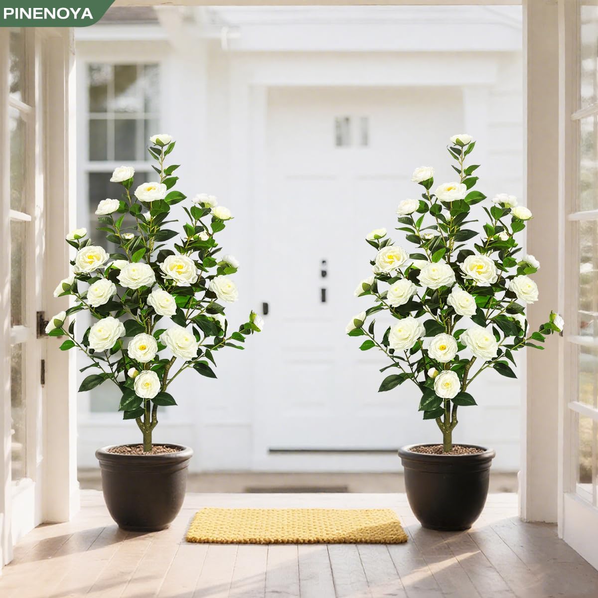 2 Pack 48’’Artificial Camellia Tree, 4FT Fake Tree Indoor with 32 Blooming Flowers in White Pot with Dried Moss,Tall Faux Floral Plant for Indoor Outdoor Home Porch Front Door Housewarming (White)