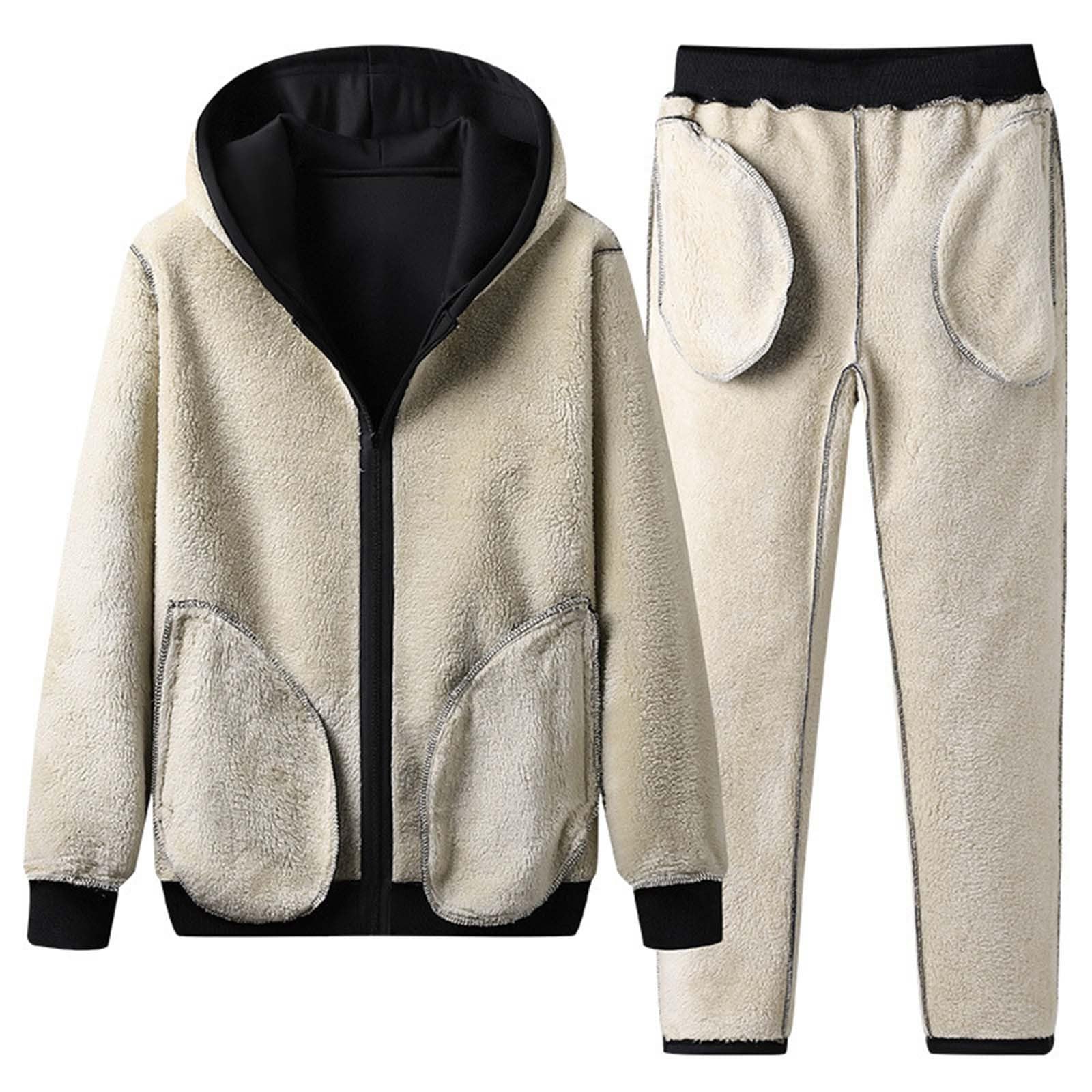 Tuta termica da uomo, in pile, foderata, per il tempo libero, casual, in due pezzi, con felpa con cappuccio e pantaloni da jogging, set di morbida giacca invernale Baggy Tracksuit