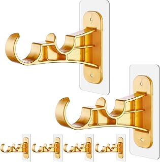 6-Pack No Drill Double Curtain Rod Bracket, Adhesive No Drilling Curtain Rod Holder Hooks, Screw-Free Sticky Curtain Brackets Hangers for Home Kitchen, Bathroom, Living Room - Gold