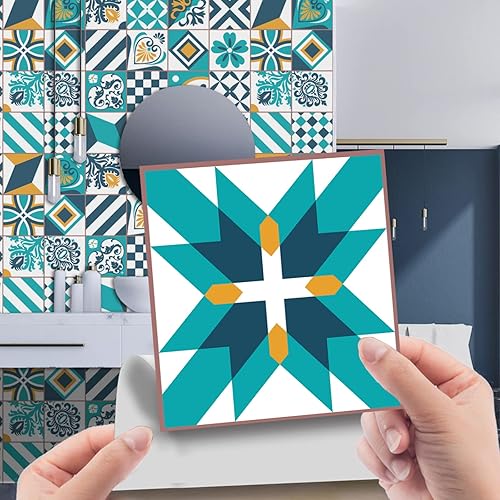 LAUMOE Elegantes calcomanías de azulejos de geometría verde azulado para azulejos de PVC autoadhesivos de pared, impermeables, calcomanías de