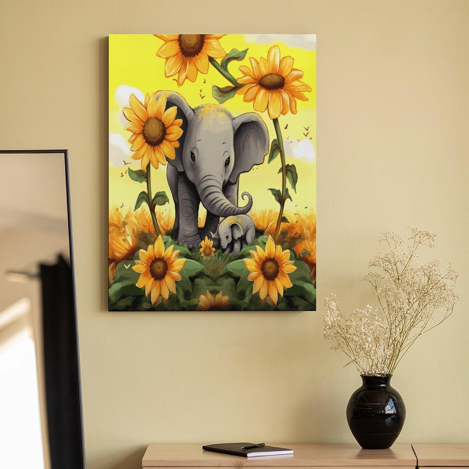 LPAGBCNU Malen nach Zahlen für Erwachsene und Anfänger, Erwachsene, Motiv: Elefant und Baby, Elefant, Sonnenblumen, Malen nach Zahlen, Kits auf Leinwand, DIY-Acryl-Ölfarben, Gemälde mit Pinseln für