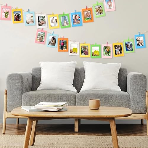 Miniatura 6 de jijAcraft 20 marcos de fotos de papel, soportes coloridos de 4 x 6 pulgadas, marcos de fotos de cartón con cuerda y clips, pancarta colgante de