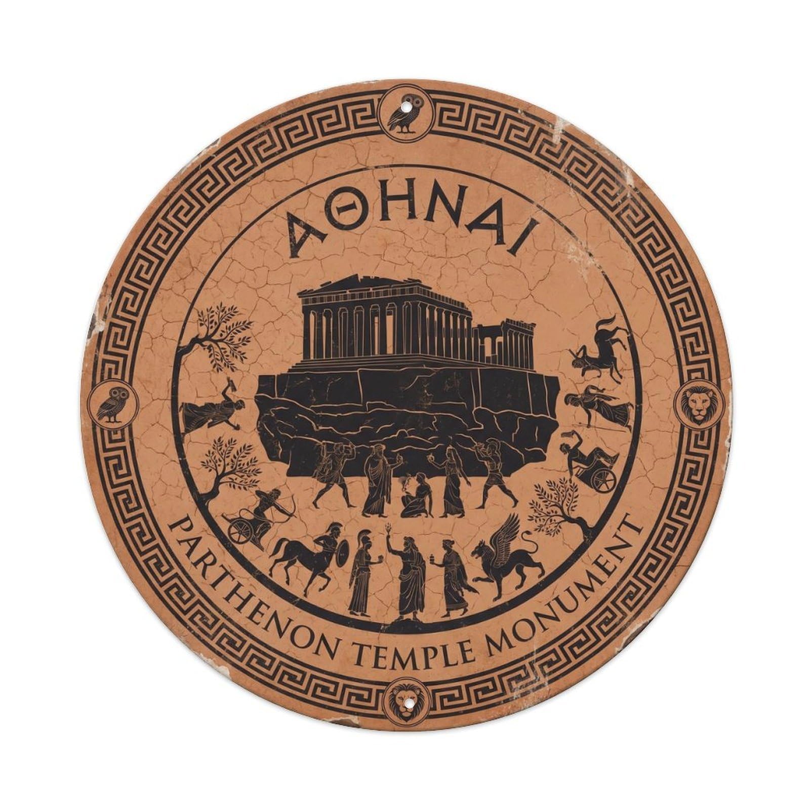 Vintage Travel Parthenon Athens Temple Metal Tin Sign Plaque Wall Decor for Cafe, Club, Garden Round Metal Poster 8x8Inch