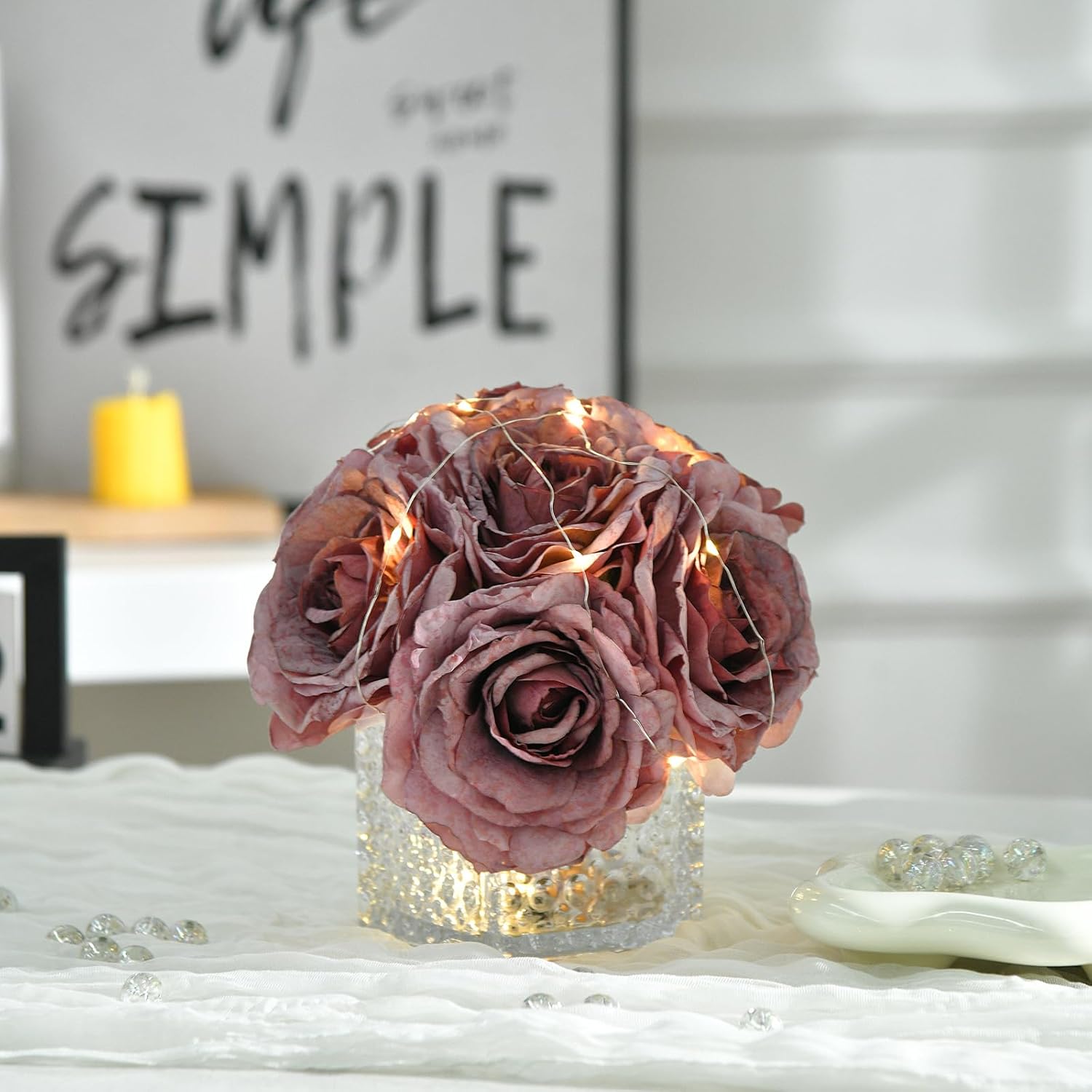 Artificial Rose in Glass Vase Vintage Silk Flower Arrangement with LED Light for Table Centerpiece Home Wedding Decoration (Plum Purple) - Image 5