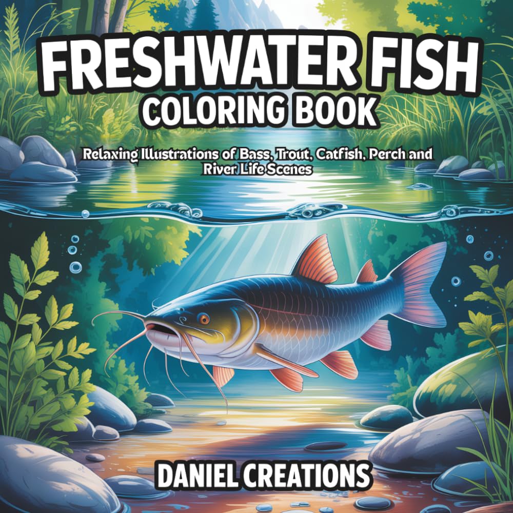 Freshwater Fish Coloring Book: Relaxing Illustrations of Bass, Trout, Catfish, Perch and River Life Scenes
