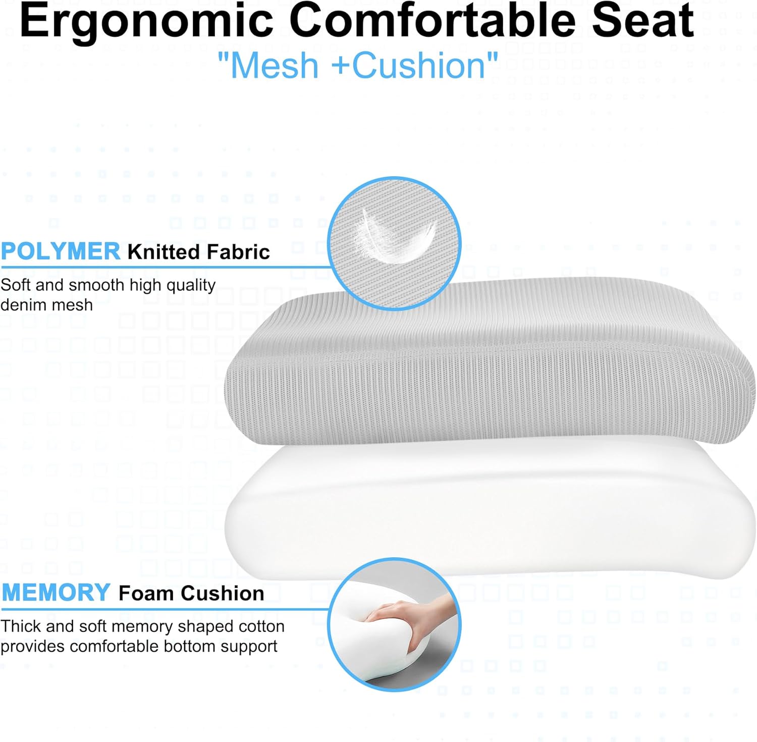 Cross-section diagram of the ergonomic comfortable seat, showing polymer knitted fabric and memory foam cushion layers