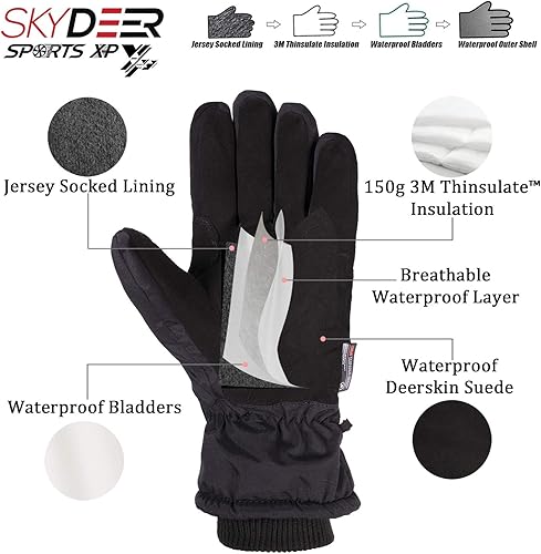 Miniatura 2 de SKYDEER Guantes de esquí de piel de ciervo 100 % impermeables y de alta calidad con forro Thinsulate 3M de 5.53 oz, ultra suaves, duraderos