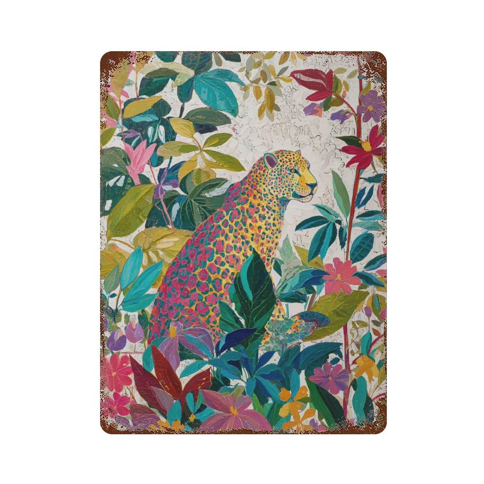 Colorful Leopard in Jungle Decorative Tin Sign 15.7"x11.8", Ideal for Garage, Bar And Workshop Decor