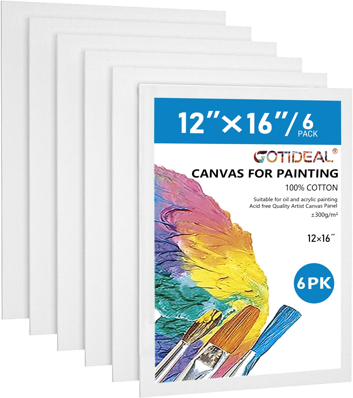 Gotideal - Lot de 6 toiles tendues - 30,5 x 40,6 cm - Blanc apprêté - 100 % coton - Pour peinture, coulage acrylique, peinture à l'huile - Pour art sec et humide