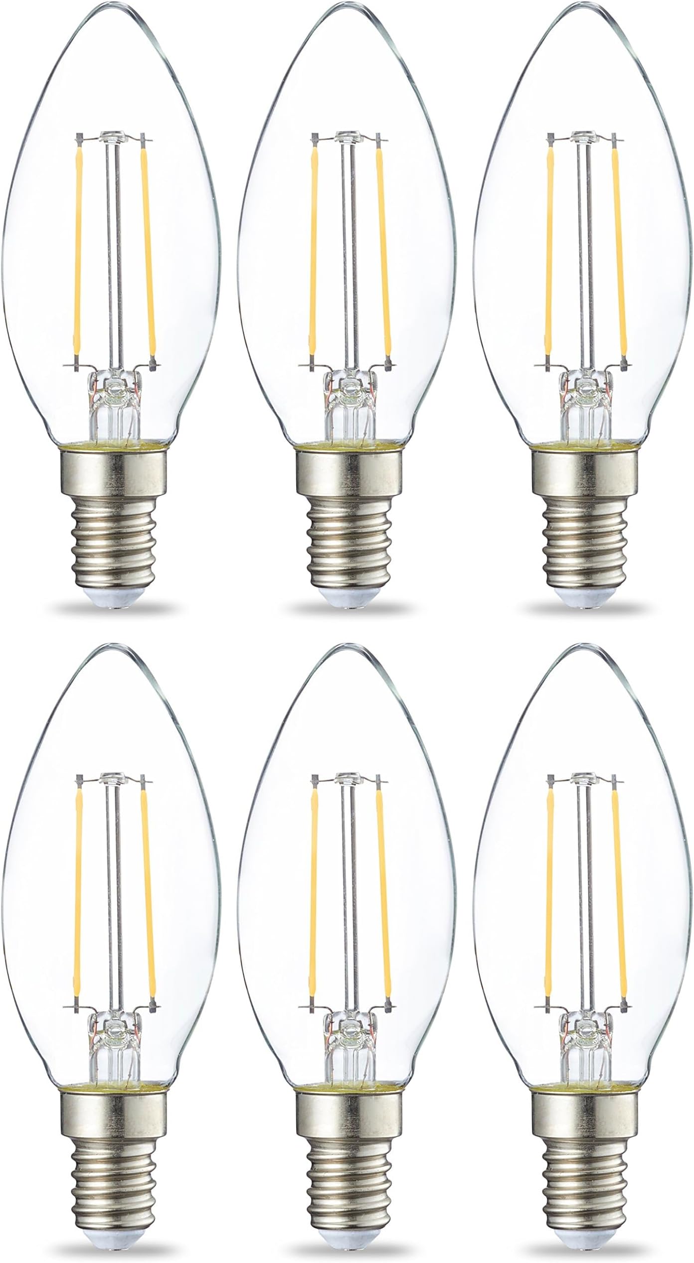 Amazon Basics LED E14 Small Edison Screw Candle Bulb, 2.1W (Equivalent to 25W), Clear Filament, Non Dimmable, Pack of 6, Warm White