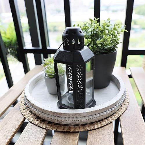 Miniatura 3 de Bandeja redonda de madera con cuentas, bandeja decorativa de madera rústica de 13 pulgadas para centro de mesa, otomana, bandejas circulares de