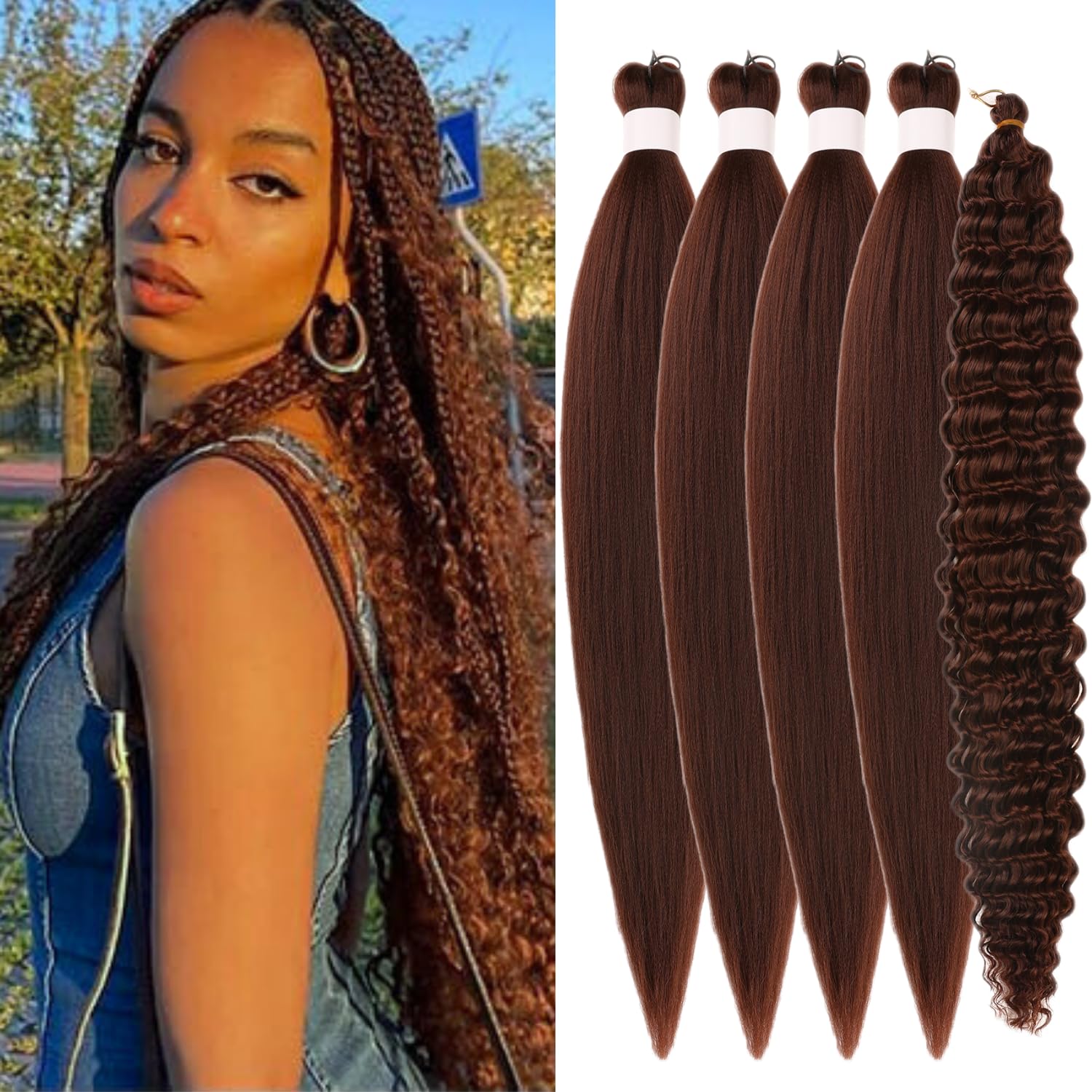 Brown Braiding Hair for Boho Braids 33# Synthetic Prestretched EZ Braids Deep Wave Curly Boho Crochet Hair for Braiding