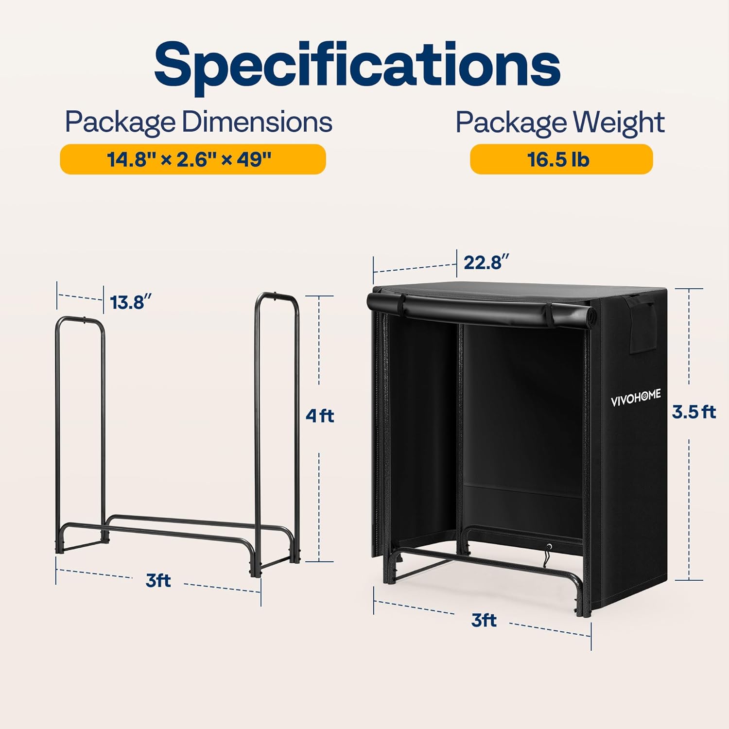 VIVOHOME 3ft Heavy Duty Firewood Rack with Zippered Cover, Outdoor Log Holder Storage, Black and 3ft Heavy Duty Firewood Rack Cover, 600D Oxford, Weather-Resistant with Zipper & Hook Loop Tape, Brown