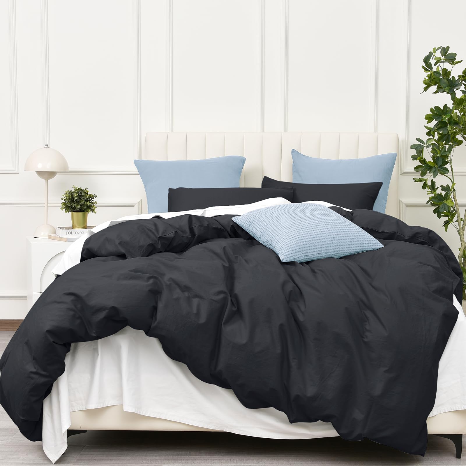 PHF 100% Cotton Duvet Cover Queen Size, 3pcs Washed Cotton Linen Like Comforter Cover, Soft Breathable Durable Cooling Duvet Cover for Hot Sleepers, 90" x 90", Black