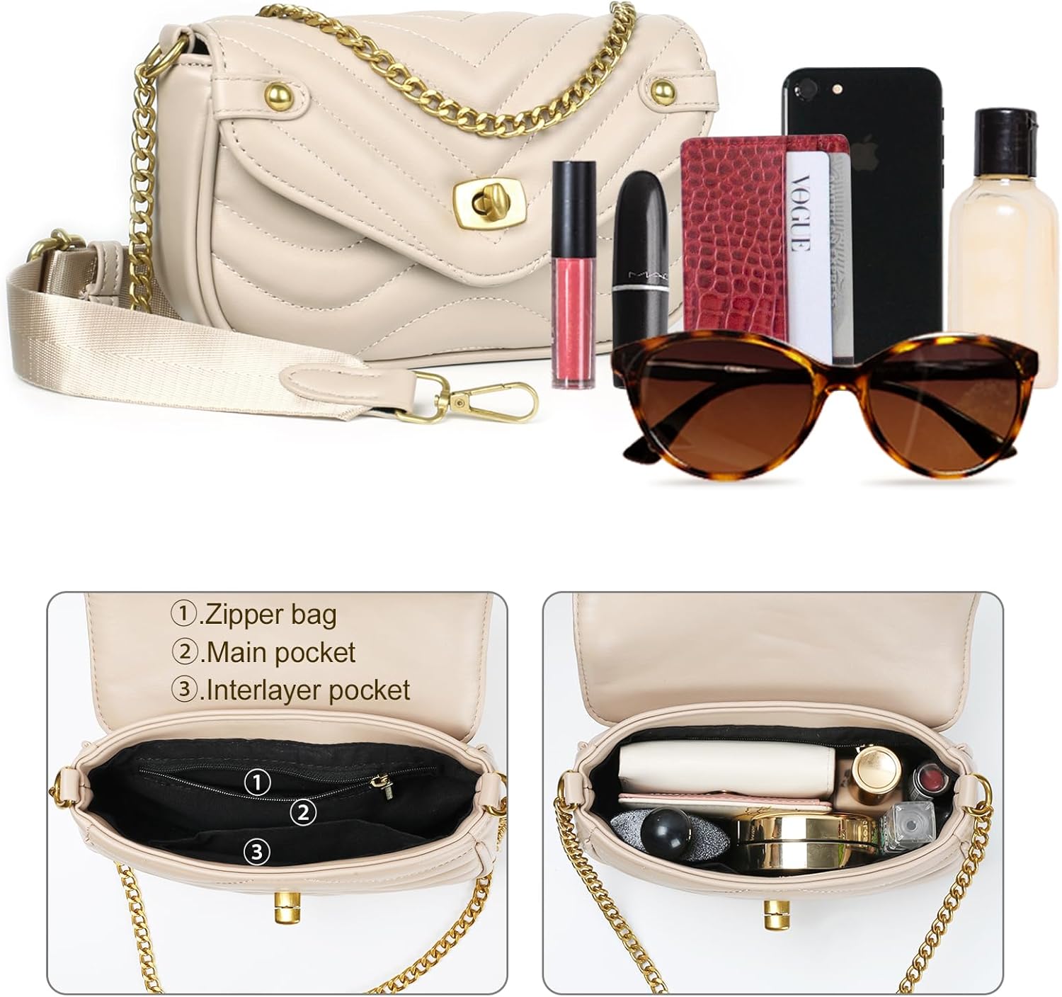 Small Crossbody Purses for Women Pu Leather Chain Quilted Handbag Designer Shoulder Bags Coin Cellphone Purse Set 2pcs