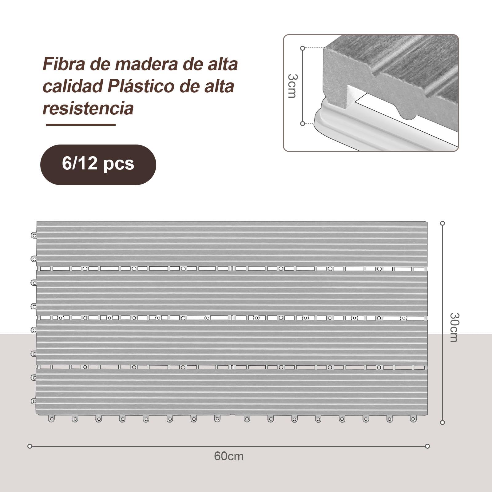 Laneetal Suelo de WPC para Jardín, Baldosas para Terraza, Suelos Clic Exterior para Patio Piscina Balcón, Baldosas Resistentes Indeformables, 12 Piezas, 30x60 cm, Café