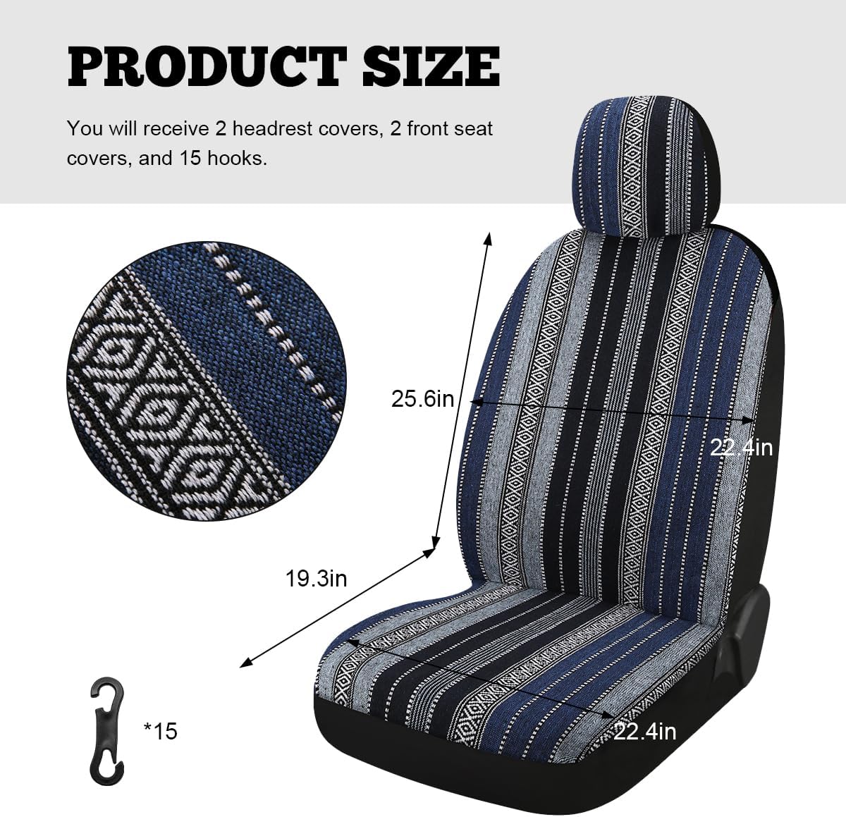 4PCS Baja Saddle Blanket Car Seat Covers, Front Set Breathable Washable Seat Covers with Seatbelt Pad, Striped Woven Cloth Airbag Compatible Seats Protector for Most Vehicles (Blue Stripe)