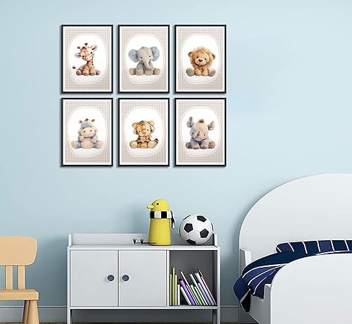 Miniatura 6 de 6 piezas de lienzo de animales para guardería, arte de pared de elefante, jirafa, estampado de safari, elefante, jirafa, cuadros para decoración de