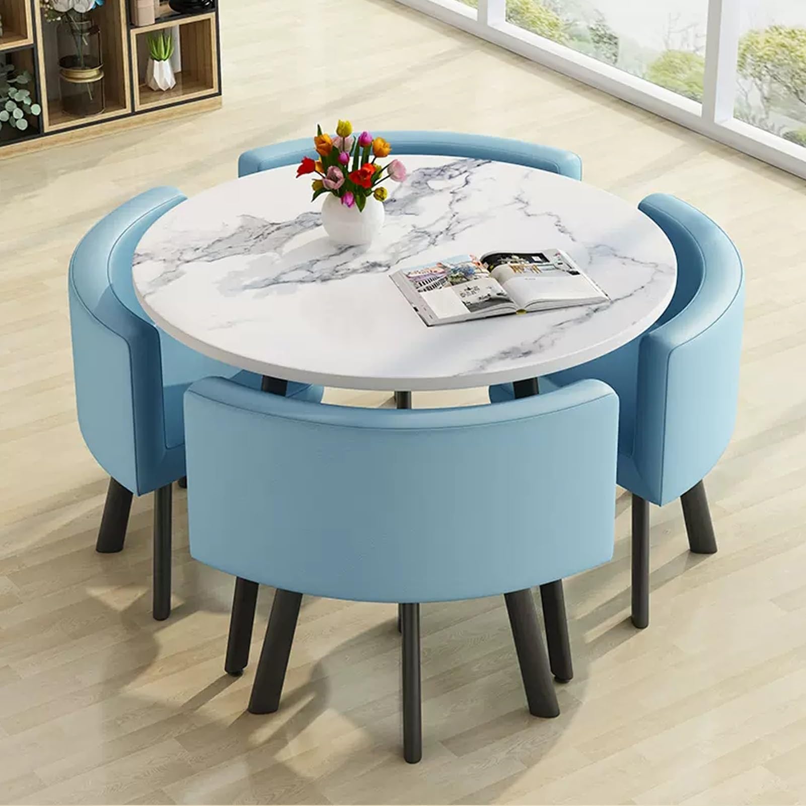 AYCDL SpaceSaving Round Dining Table Set with 4 Chairs for Conference Room & Office – Versatile Reception Table Negotiation Desk & Coffee Table Combo,Pu-leder25