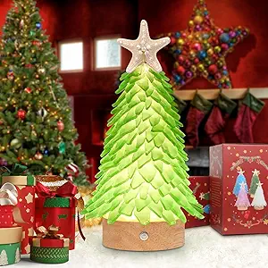 Sea Glass Christmas Tree,8.6 inches Mini Christmas Tree with Lights,Beach Nautical Themed Seaglass Christmas Tree for Table top,Decorations Indoor, Green Tree