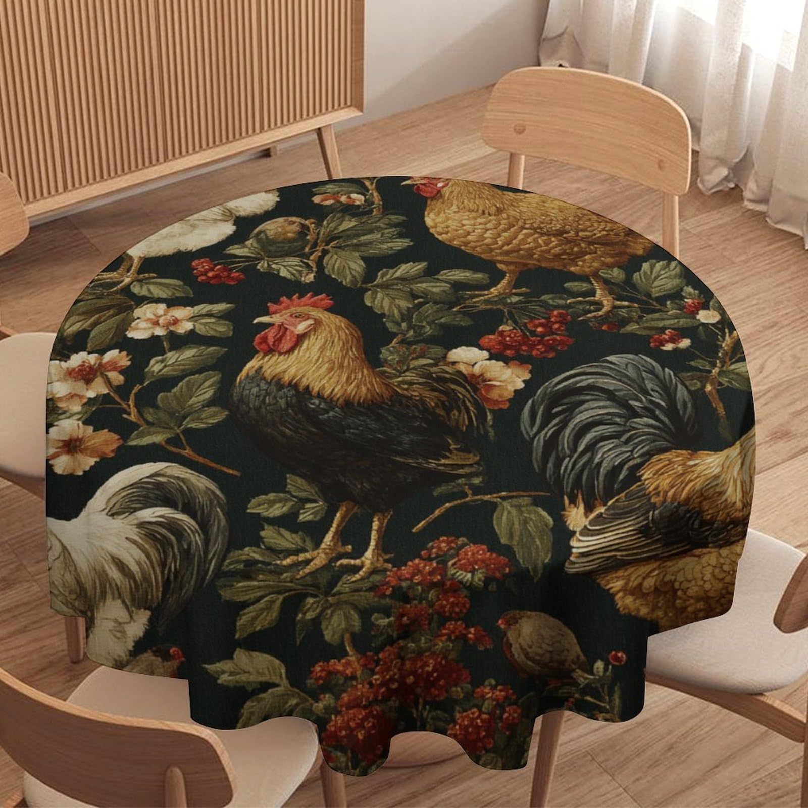 LUYYSKY Rustic Funny Chickens Round Tablecloth Classic Modern Animals Roosters Plants Flowers Berries Pattern Washable Decor for Table Cover for Kitchen-70 Wx70 L