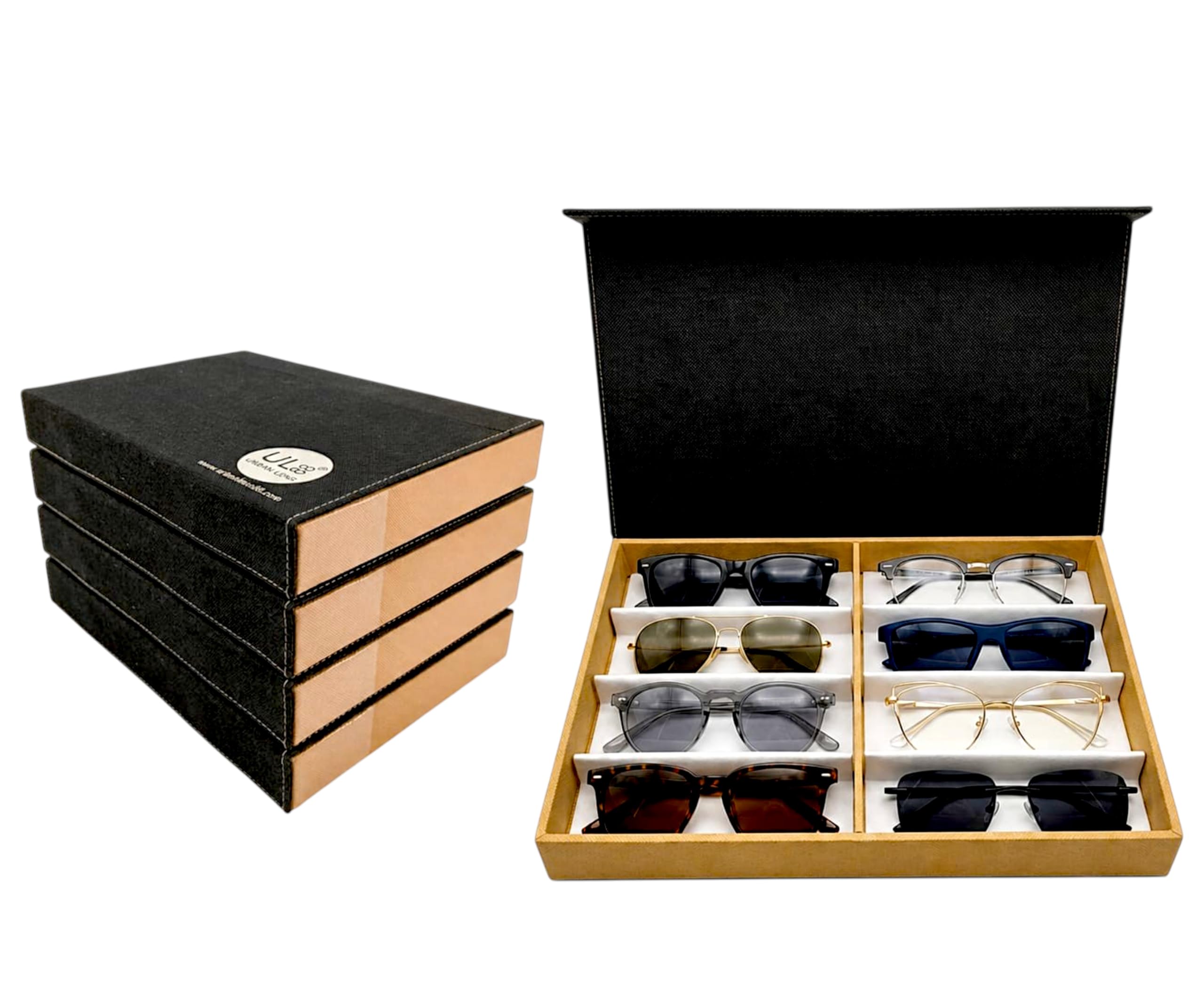OKU 1 Sunglasses Organizer Box with 10 Slots | Premium Leather Eyewear Storage Case with Glass Lid | Watch & Spectacle Display Organizer for Men & Women (Black & Brown)-image-2