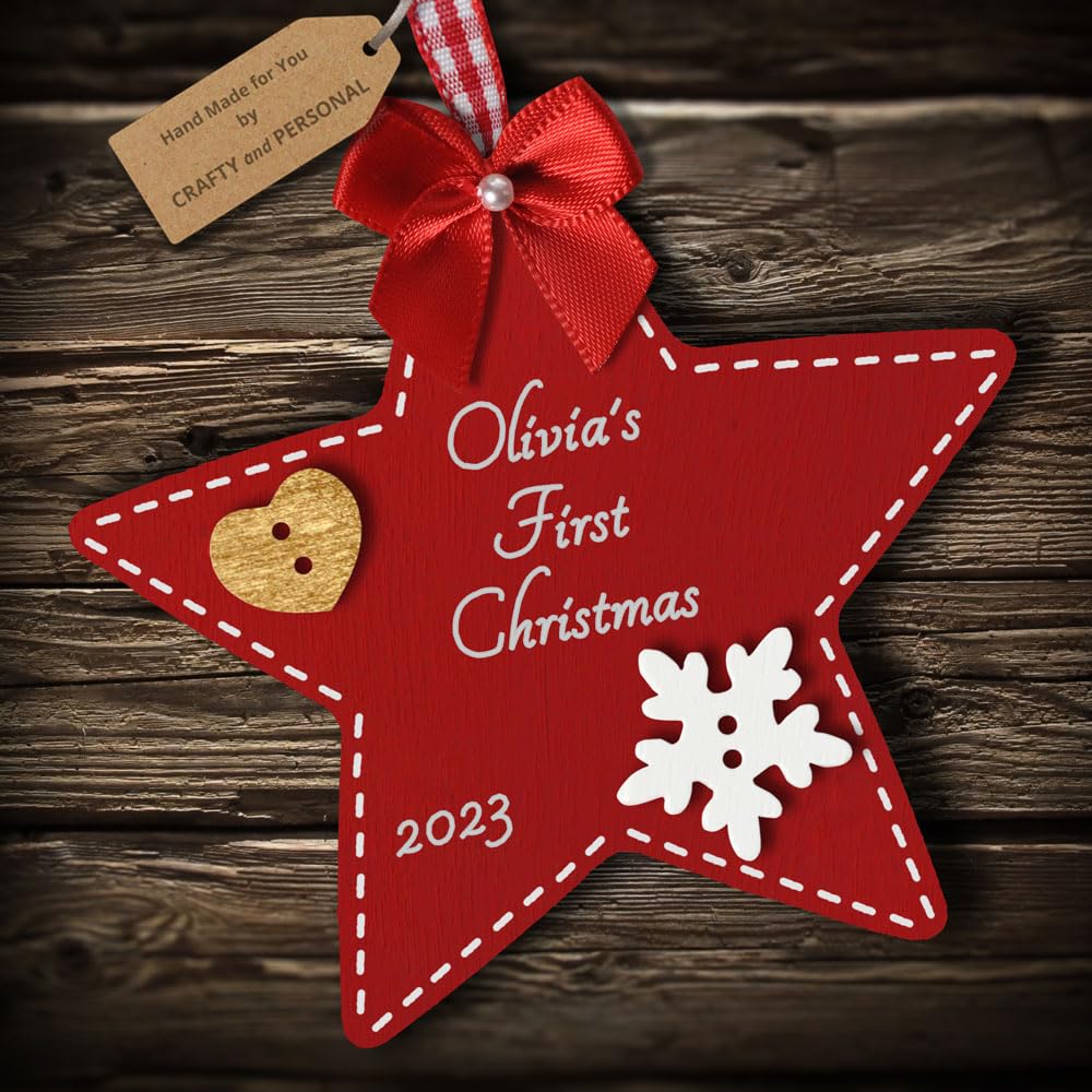 Multi-Colour Personalised Baby's First 1st Christmas Bauble Star tree decoration gift wooden hanging ornament keepsake for boy or girl (Deep Red #3)