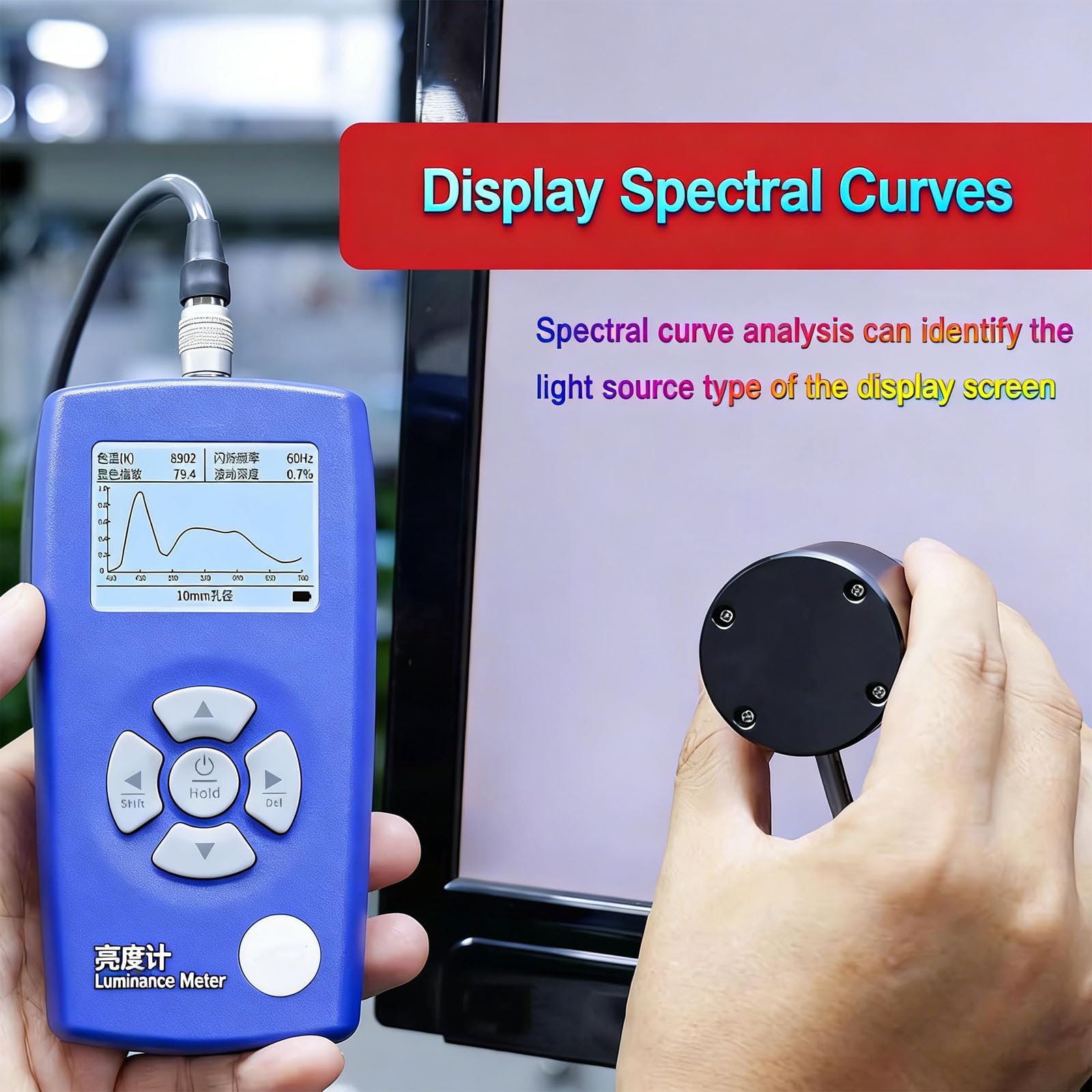 Analizador de brillo de pantalla, herramienta de medición de luz con sondas dobles para detección de parpadeo, temperatura de color y pruebas de CRI, ideal para calibración de pantalla