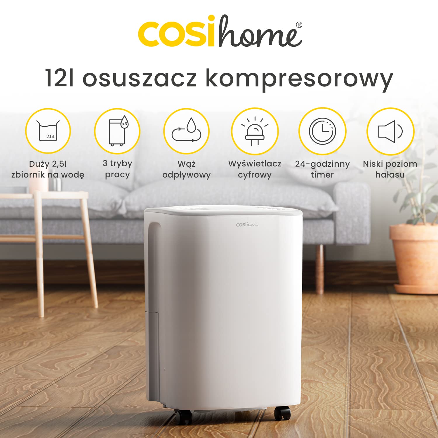 Osuszacz powietrza Cosi Home 12L/dobę - niskoenergetyczny osuszacz kompresorowy ze zbiornikiem na wodę o pojemności 2,5 l do usuwania wilgoci, pleśni i skroplin - do domu, kuchni, łazienki i biura