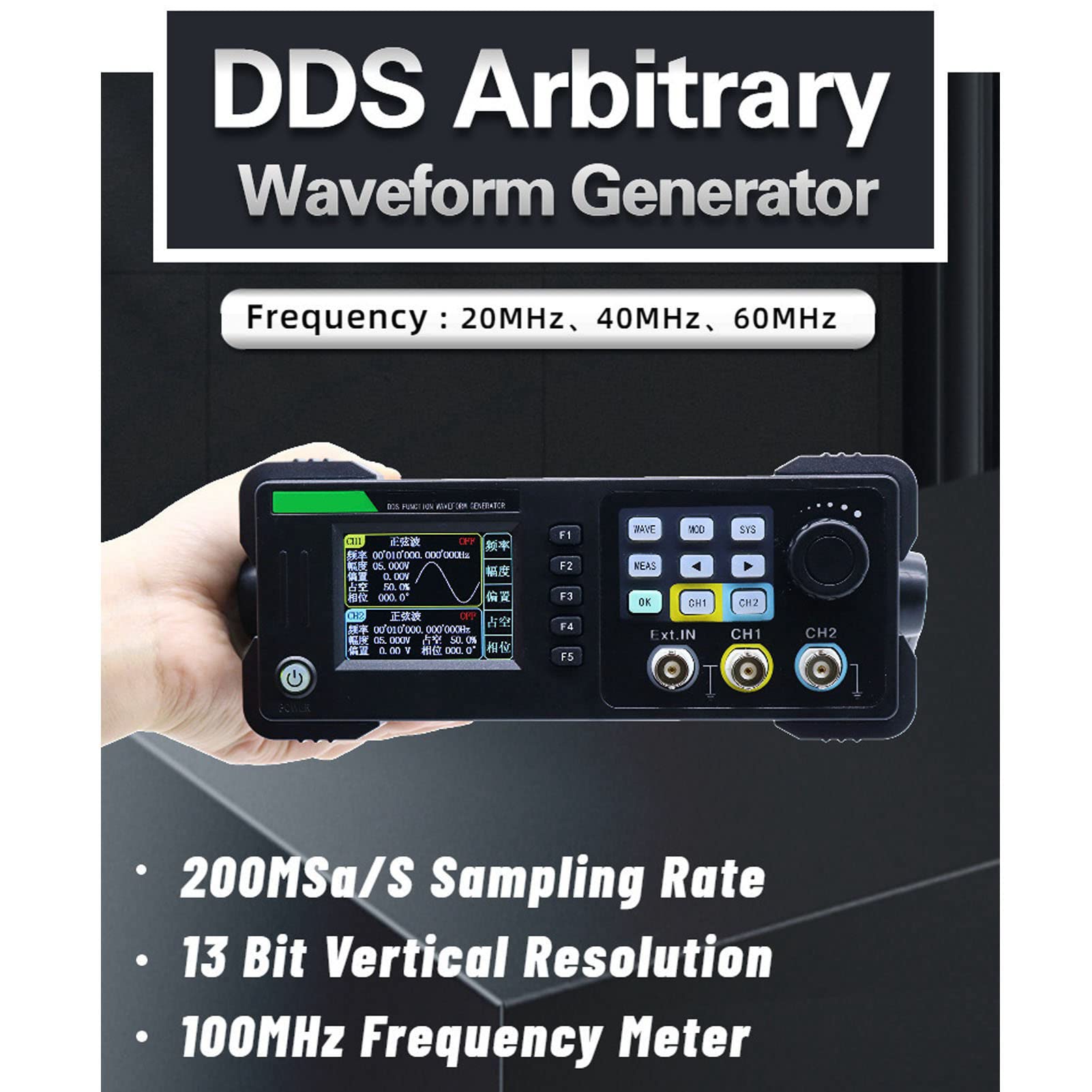 Signalgenerator, Funktionsgenerator, Wellenformgenerator, DDS, 2 Kanäle, 200 S, 20 MHz, Arbiträrwellenform-Frequenzmesser, 100 MHz-Zähler mit 2,4-Zoll-TFT-LCD-USB (EU-Stecker)