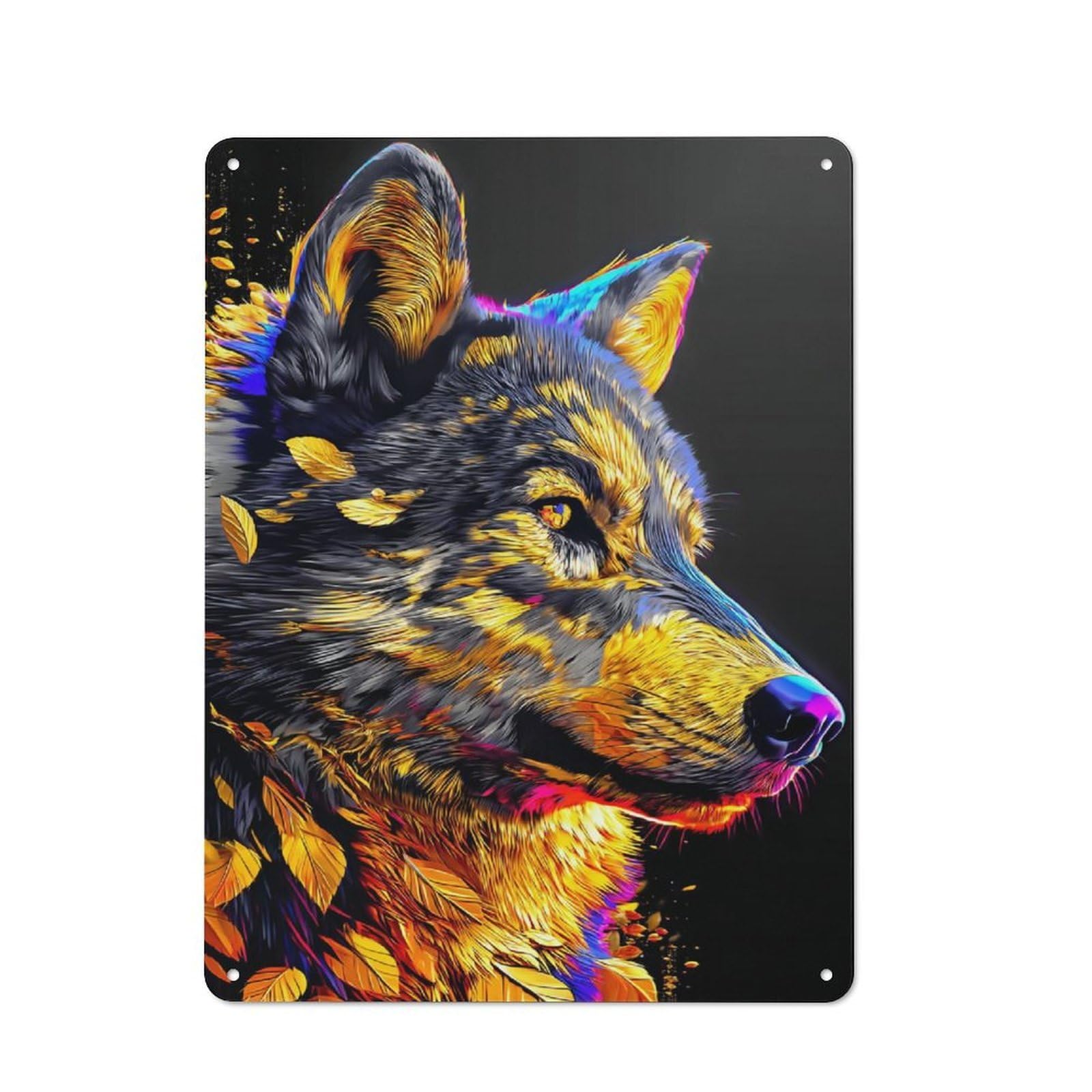 Metal Plaque with Colorful Wolf Portrait -14 Design 40x30cm, Cosy Diner Style Decor for Coffee Bar, Kitchen, Bistro Or Tea Corner