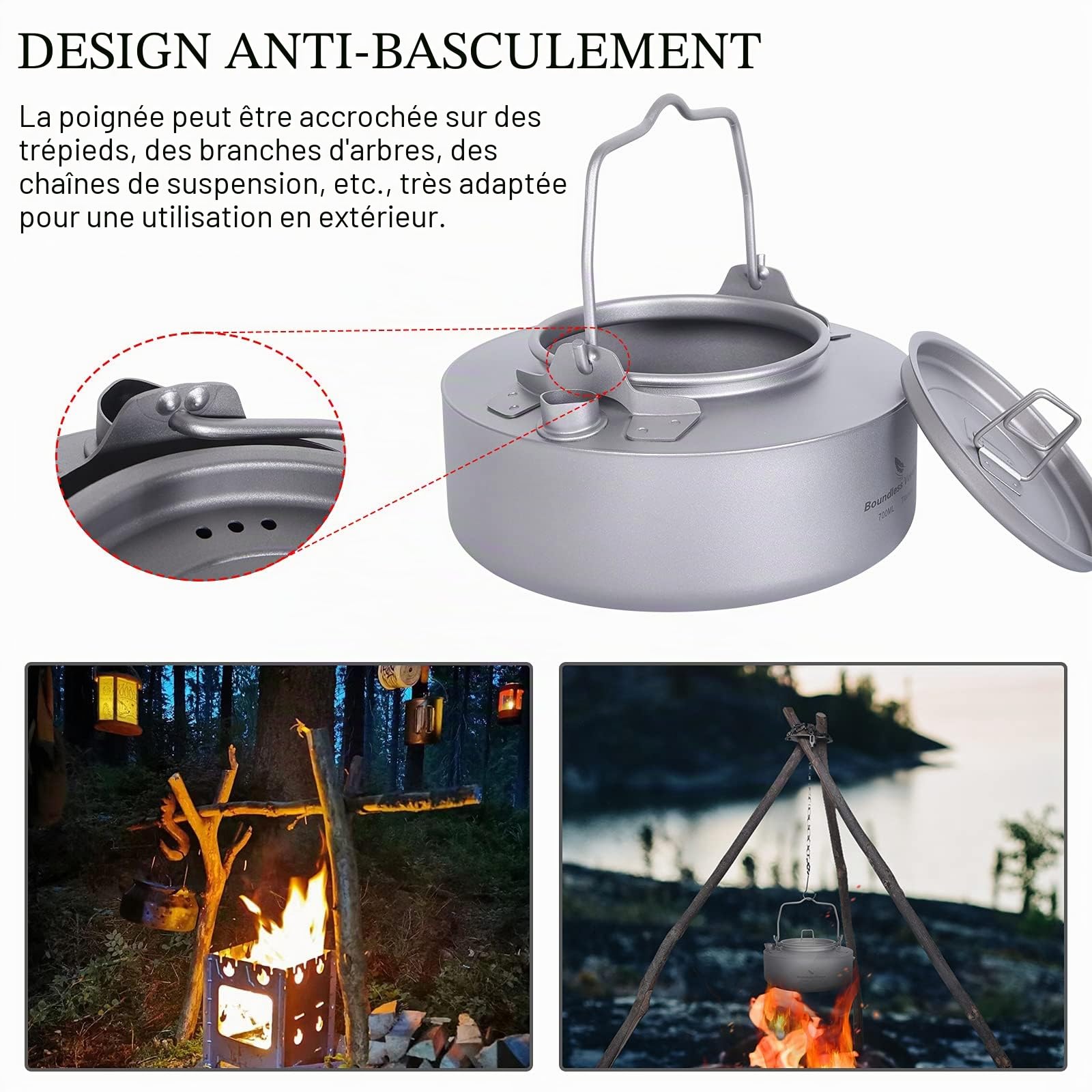 iBasingo Bouilloire en titane de 700 ml pour camping - Ultra légère - Avec poignée pliable et filtre - Ti3100D - Gris, Ti3100D-B