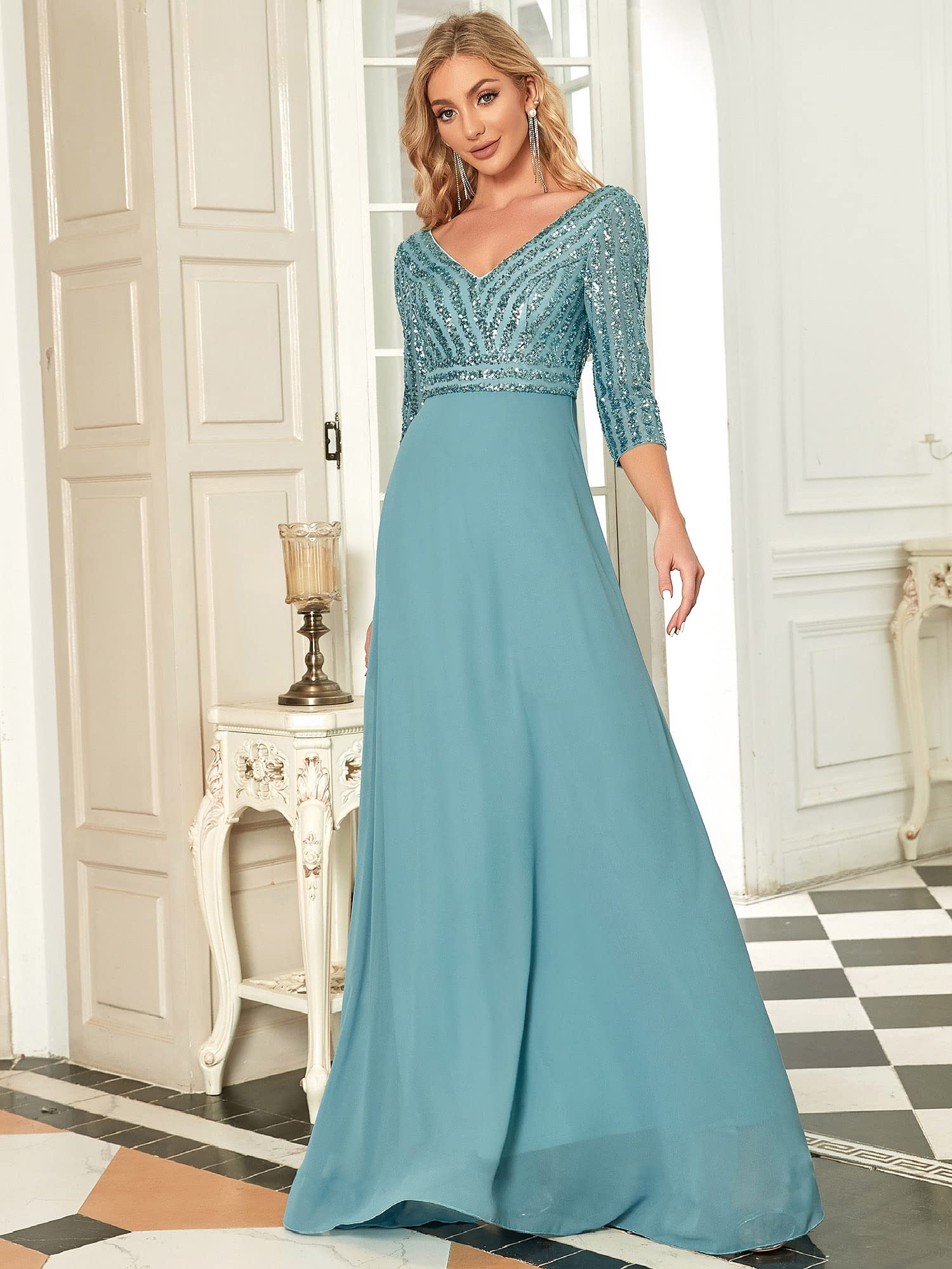 Ever-Pretty Vestido de Fiesta para Mujer Lentejuelas Manga Larga A-línea Escote en V Imperio Elegant Azul Polvoriento 42