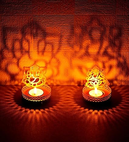 Laxmi Ganesh Shadaow Diya Light | Tealight Candle Holder Diwali | Diwali Dcor | Laxmi Ganesh Idol (7.5X7.5CM) Set of 1