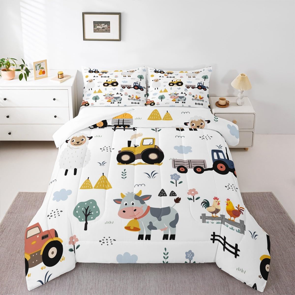 Feelyou Tractor Bedding Set Twin Size Cartoon Farm Equipment Trucks Comforter Set for Kids Boys Girls Decor Farm Animal Comforter Set Microfiber Farm Nursery Decor Duvet Set Bedroom Quilt Set