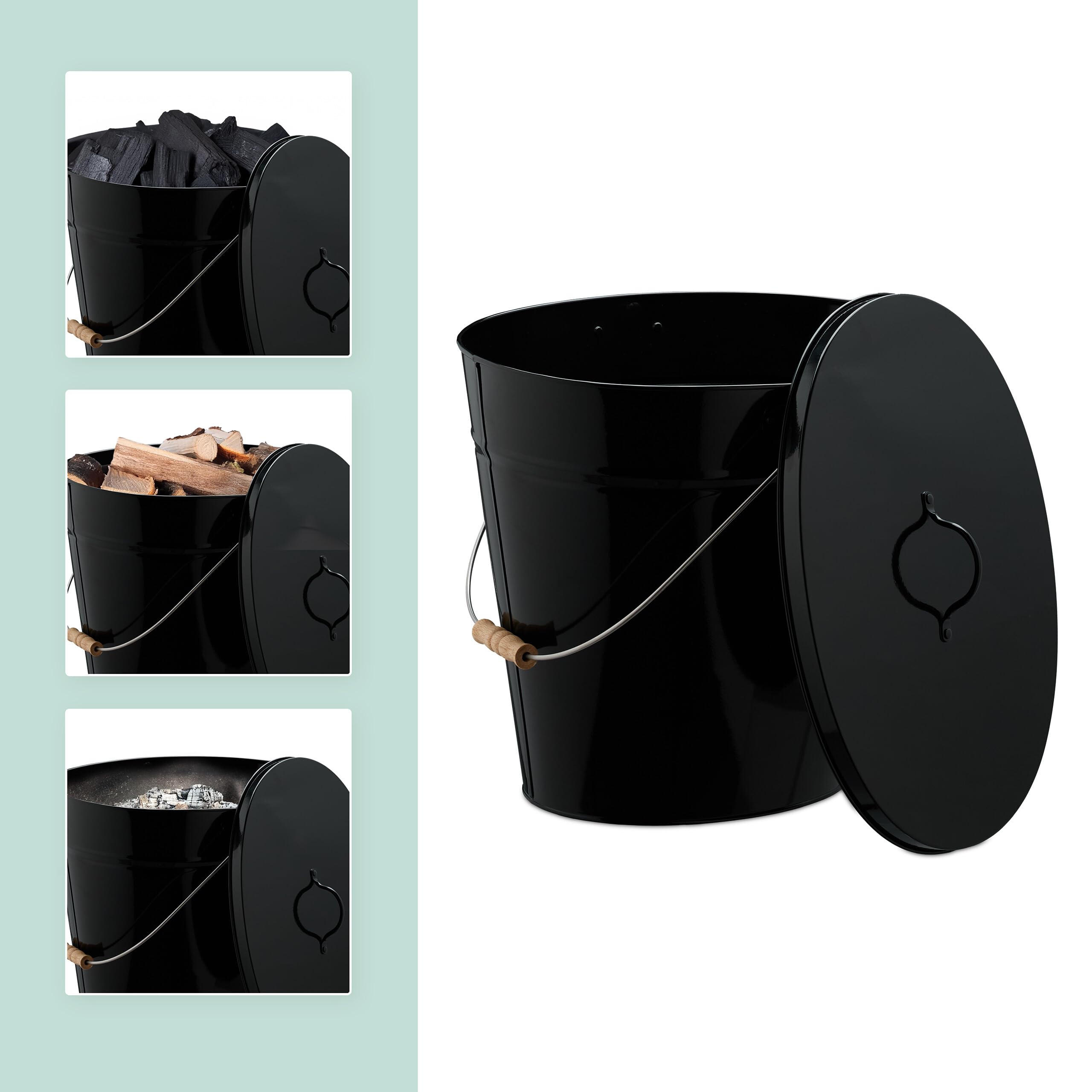 Relaxdays Secchio Raccogli Cenere con Coperchio, Cestello 18,5 L per Carbone e Bricchetti Camino e Stufa, Acciaio, Nero