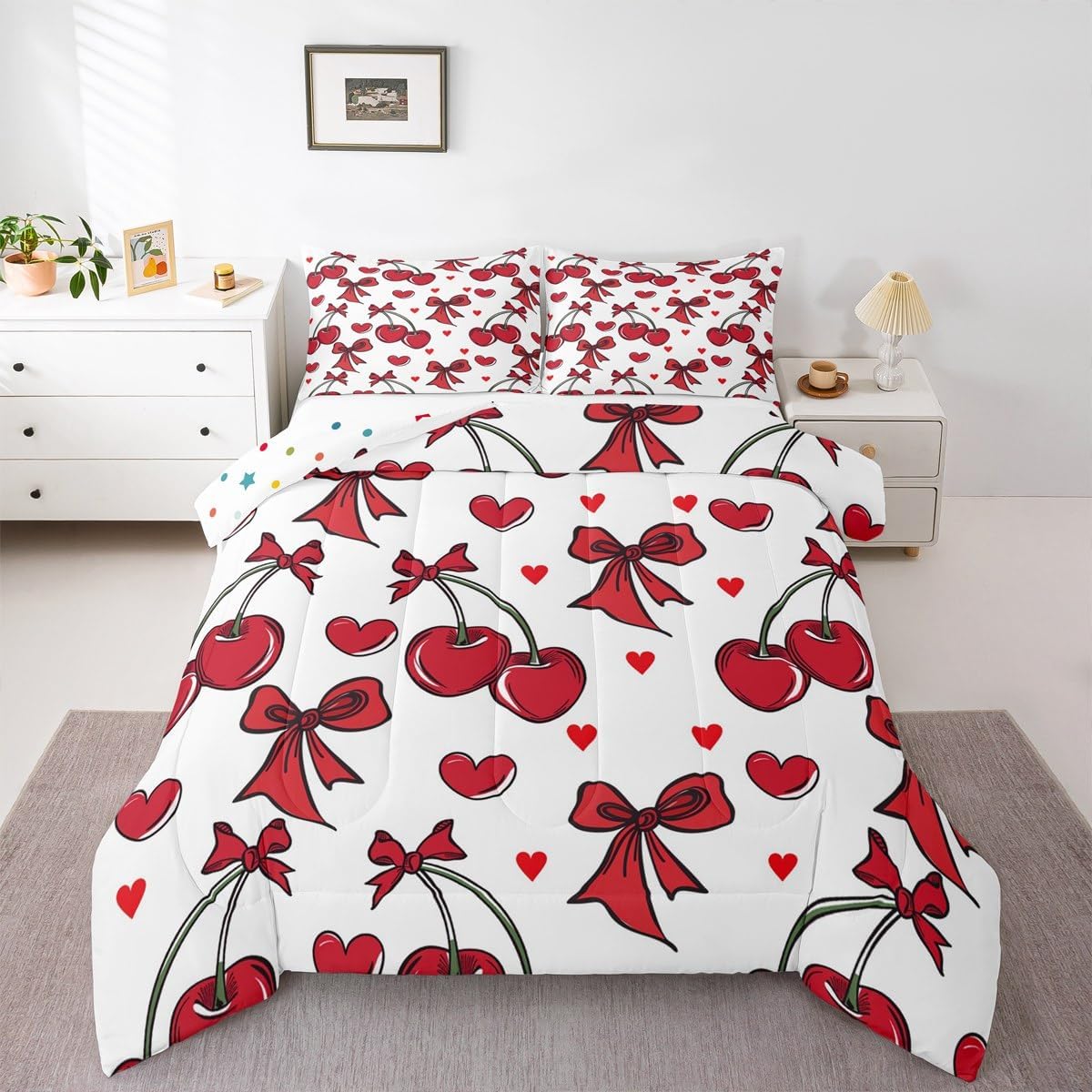 Erosebridal Red Cherry Bow Tie Toddler Bedding Set,Red Ribbon Bows Comforter Sets for Girls Kids,Coquette Bowtie Bed Set,Cute Girly Bowknot Bedroom Decor,1 Pillowcase Lightweight