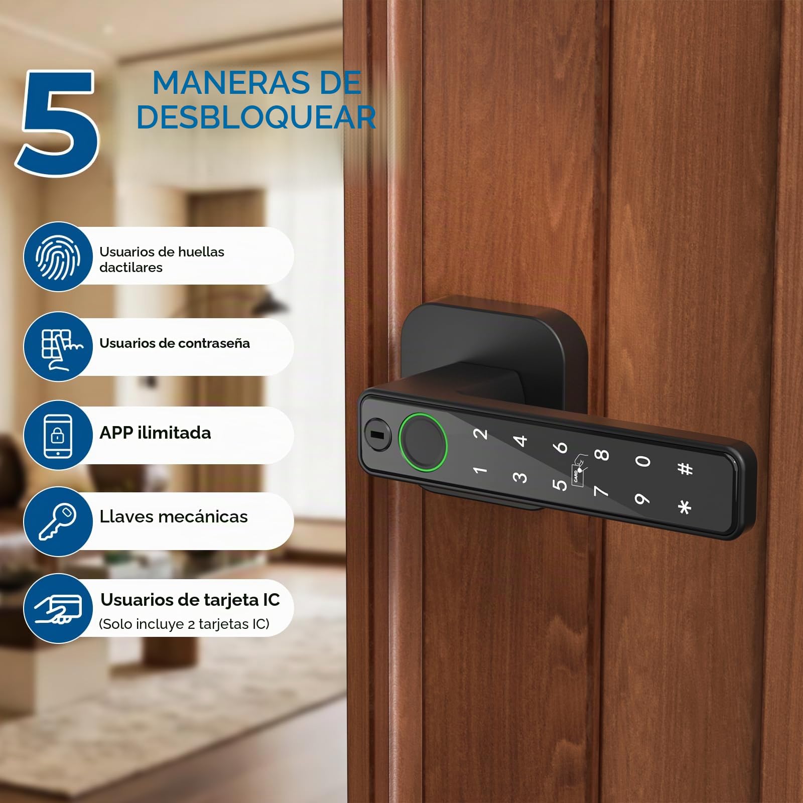 FITNATE Cerradura inteligente de puerta con huella dactilar, palanca de entrada sin llave con aplicación, tarjeta IC, código, llave y desbloqueo biométrico para dormitorio, hogar, hotel, oficina