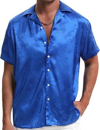 TUNEVUSE Men Satin Shirt Shiny Short Sleeve Summer Button Shirt